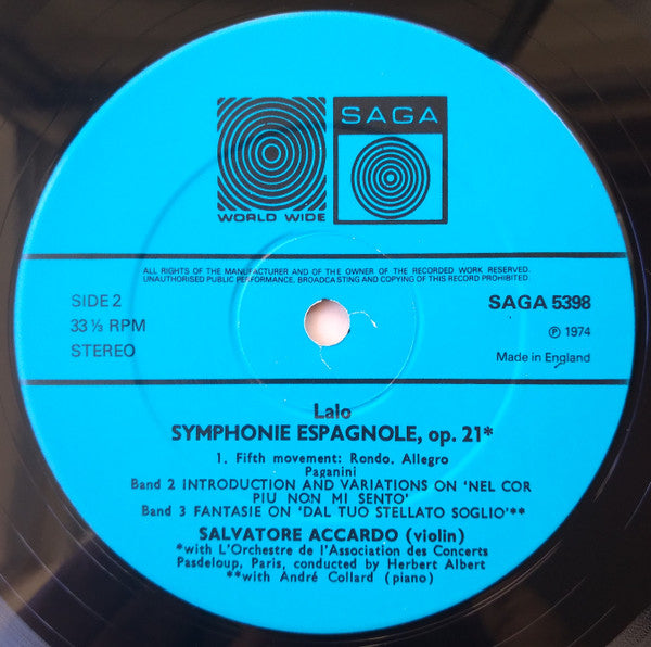 Édouard Lalo / Niccolò Paganini, Salvatore Accardo : Symphonie Espagnole / Introduction And Variations On 'Nel Cor Piu On Mi Sento' / Fantasie On 'Dal Tuo Stellato Soglio' (LP)