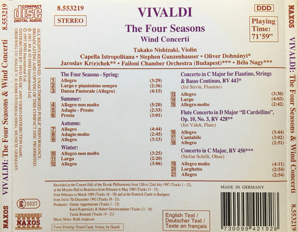 Antonio Vivaldi, Takako Nishizaki, Capella Istropolitana, Stephen Gunzenhauser : The Four Seasons & Wind Concerti (CD)