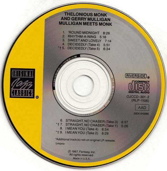 Thelonious Monk And Gerry Mulligan : Mulligan Meets Monk (CD, Album, Mono, RE, RM, DAD)