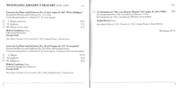 Mozart*, Robert Casadesus, Cleveland Orchestra*, Columbia Symphony Orchestra, George Szell : Piano Concertos: No. 21 "Elvira Madigan" / No. 26 "Coronation" (CD, Comp, RE, RM)