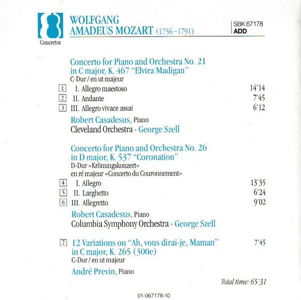 Mozart*, Robert Casadesus, Cleveland Orchestra*, Columbia Symphony Orchestra, George Szell : Piano Concertos: No. 21 "Elvira Madigan" / No. 26 "Coronation" (CD, Comp, RE, RM)