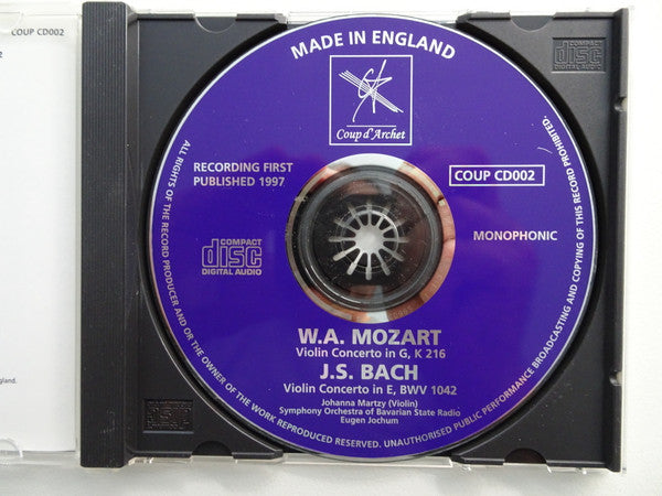 Mozart* And Bach*, Johanna Martzy, Eugen Jochum, Symphony Orchestra Of Bavarian State Radio* : Violin Concertos (CD, Mono, RE, RM, RP)
