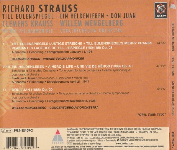 Richard Strauss – Willem Mengelberg, Concertgebouw Orchestra* / Clemens Krauss, Wiener Philharmoniker : Till Eulenspiegel • Ein Heldenleben • Don Juan (CD, Comp, Mono, RE, RM, Gat)