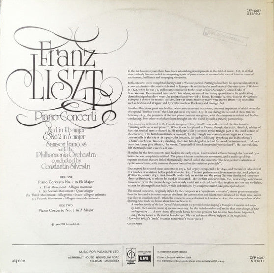 Franz Liszt - Samson François With The Philharmonia Orchestra, Constantin Silvestri : Piano Concerti (No. 1 In Eb Major & No. 2 In A Major) (LP, RE)