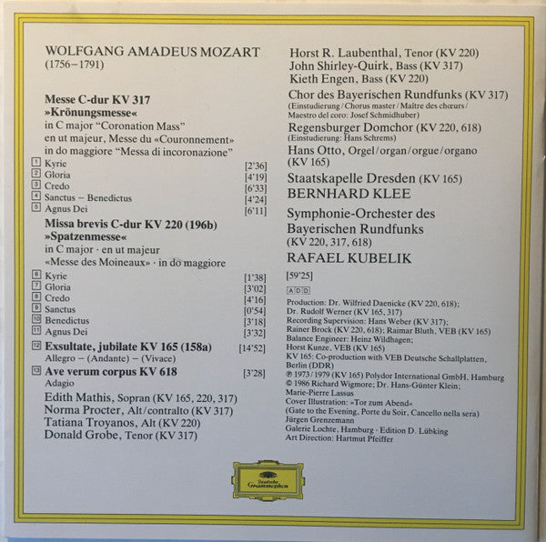 Wolfgang Amadeus Mozart, Edith Mathis, Norma Procter, Tatiana Troyanos, Donald Grobe, Horst R. Laubenthal, John Shirley-Quirk, Kieth Engen, Rafael Kubelik, Bernhard Klee : Krönungsmesse • Spatzenmesse • Ave Verum Corpus • Exsultate, Jubilate (CD, Comp, RM)