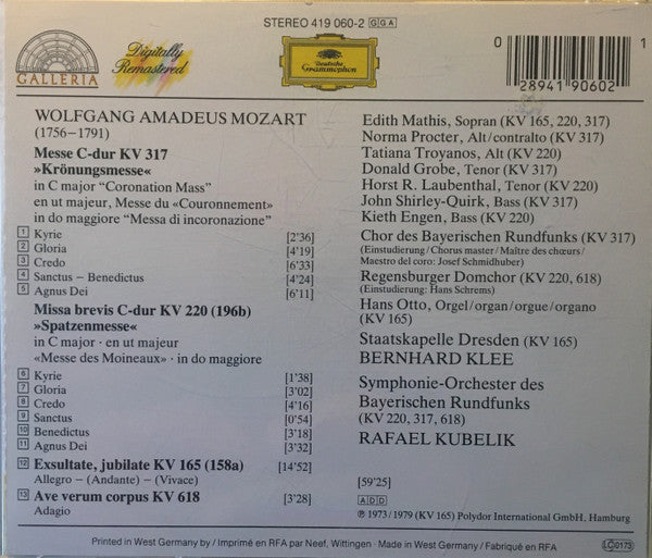 Wolfgang Amadeus Mozart, Edith Mathis, Norma Procter, Tatiana Troyanos, Donald Grobe, Horst R. Laubenthal, John Shirley-Quirk, Kieth Engen, Rafael Kubelik, Bernhard Klee : Krönungsmesse • Spatzenmesse • Ave Verum Corpus • Exsultate, Jubilate (CD, Comp, RM)