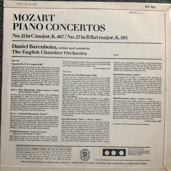 Wolfgang Amadeus Mozart, Daniel Barenboim, English Chamber Orchestra : Piano Concertos: No. 21 In C Major, K.467 ・ No. 27 In B Flat Major, K.595 (LP)