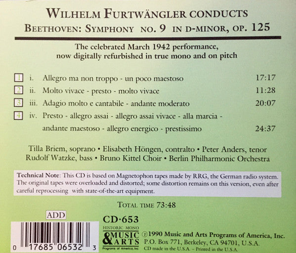 Ludwig van Beethoven, Wilhelm Furtwängler : Symphony No. 9 In D Minor, Op. 125 (CD, RE, RM)