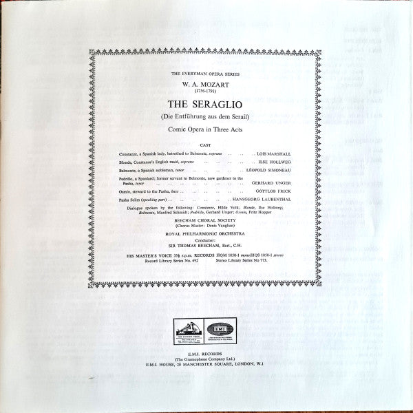 Sir Thomas Beecham Conducts Mozart* - Lois Marshall, Léopold Simoneau*, Gottlob Frick, Royal Philharmonic Orchestra : Seraglio (2xLP + Box, Album, RE)