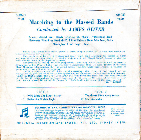 Grand Massed Brass Bands Conducted By James Oliver (8) : Marching To The Massed Bands (7", EP, 1st)