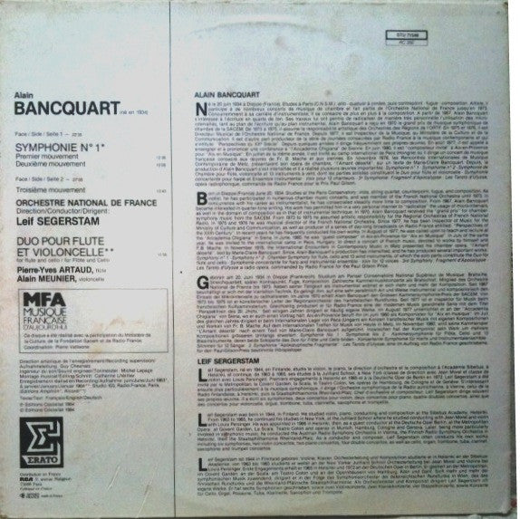 Alain Bancquart / Pierre-Yves Artaud / Alain Meunier : Symphonie N°1 / Duo Pour Flute Et Violoncelle (LP)