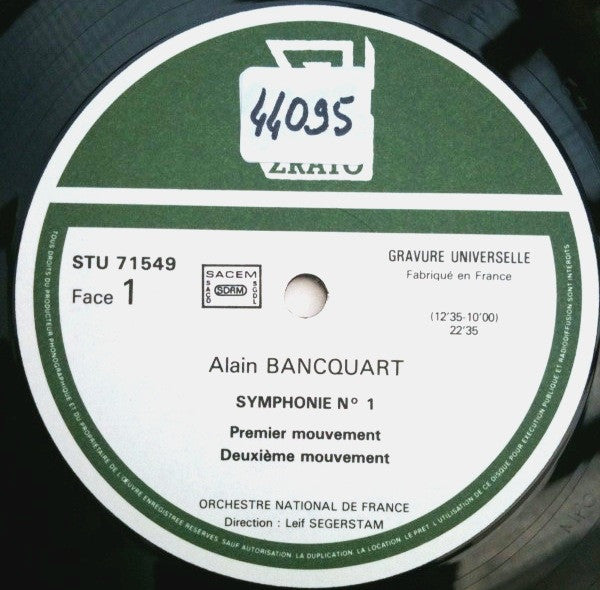 Alain Bancquart / Pierre-Yves Artaud / Alain Meunier : Symphonie N°1 / Duo Pour Flute Et Violoncelle (LP)