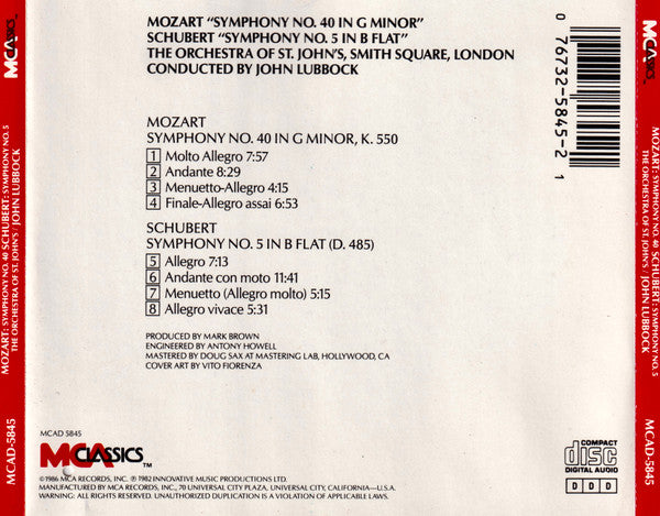 Mozart* / Schubert*, The Orchestra Of St. John's, Smith Square, London*, John Lubbock : Symphony No. 40 In G Minor - Symphony No. 5 In B Flat (CD, Album)