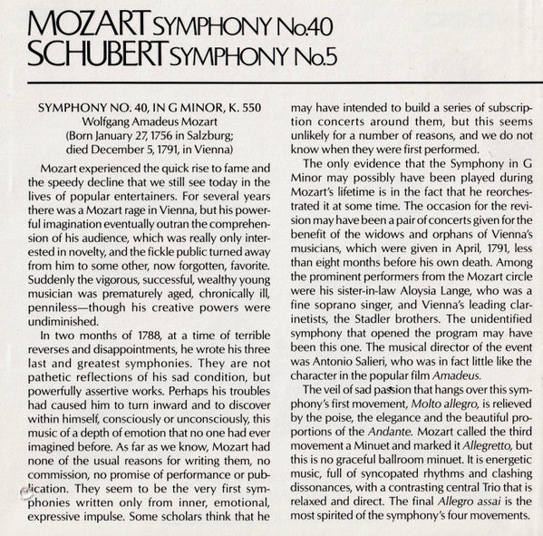 Mozart* / Schubert*, The Orchestra Of St. John's, Smith Square, London*, John Lubbock : Symphony No. 40 In G Minor - Symphony No. 5 In B Flat (CD, Album)
