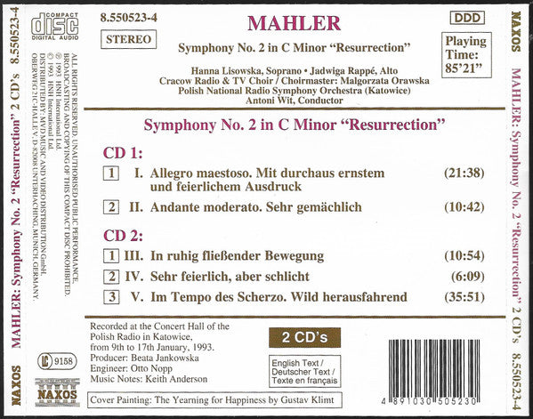 Mahler* — Polish National Radio Symphony Orchestra*, Antoni Wit : Symphony No. 2 In C Minor “Resurrection" (2xCD)
