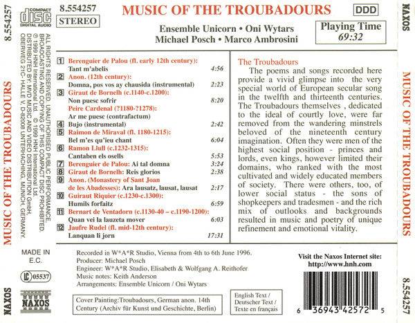 Ensemble Unicorn • Oni Wytars • Michael Posch • Marco Ambrosini : Music Of The Troubadours (CD, Album)