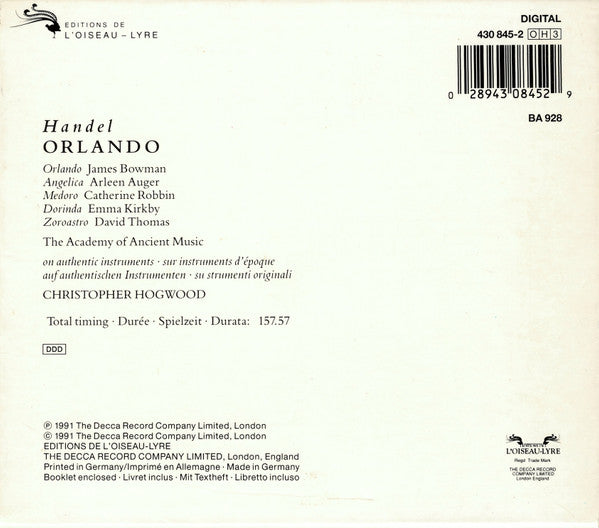 Handel* ‎– Bowman* · Auger* · Robbin* · Kirkby* · Thomas* · The Academy Of Ancient Music · Christopher Hogwood : Orlando (3xCD, Album + Box, Sli)