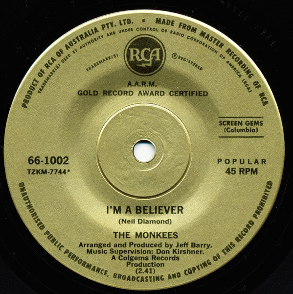 The Monkees : I'm A Believer (7", Single, RP, Gol)