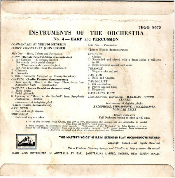 Yehudi Menuhin : Instruments Of The Orchestra 4-Harp And Percussion (7", EP, Mono)