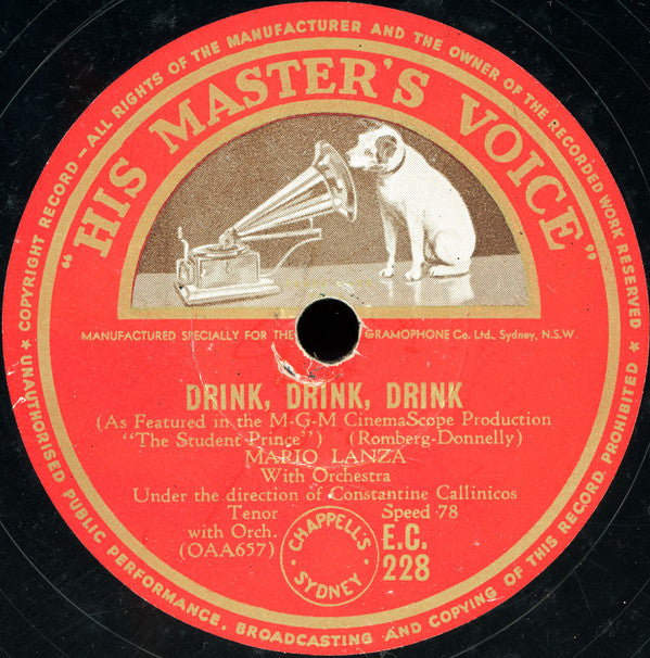 Mario Lanza : Drink, Drink, Drink / Golden Days (Shellac, 10")