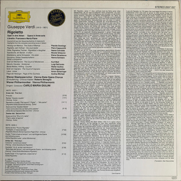 Verdi*, Piero Cappuccilli, Ileana Cotrubas, Placido Domingo, Wiener Staatsopernchor, Wiener Philharmoniker, Carlo Maria Giulini : Rigoletto Querschnitt﹒Highlights (LP, RE, GY8)