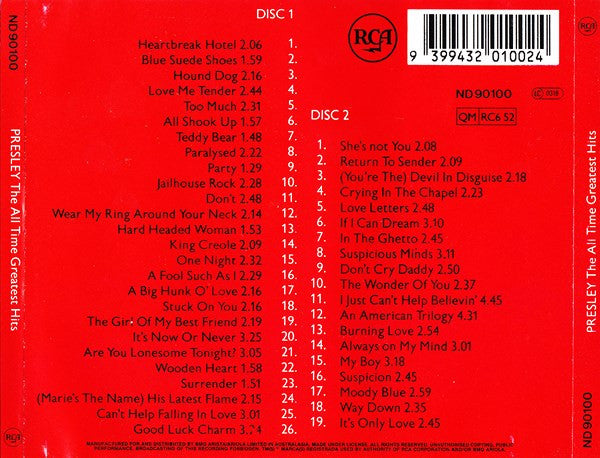 Presley* : The All Time Greatest Hits (2xCD, Comp, Mono, RP)