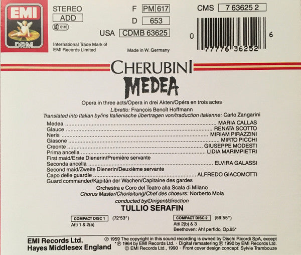 Luigi Cherubini - Maria Callas, Renata Scotto, Miriam Pirazzini, Mirto Picchi, Coro Del Teatro Alla Scala e Orchestra Del Teatro Alla Scala, Tullio Serafin : Medea (2xCD, Album, RE, RM)