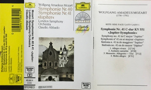 Wolfgang Amadeus Mozart, London Symphony Orchestra, Claudio Abbado : Symphony No. 40 / Symphony No. 41 "Jupiter" (Cass, RE, RM)