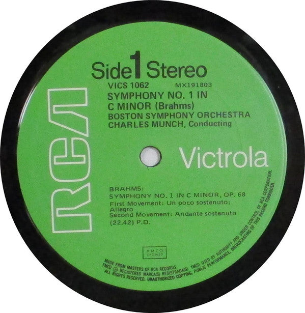 Johannes Brahms, Boston Symphony Orchestra, Charles Munch : Symphony No. 1 In C Minor (LP)