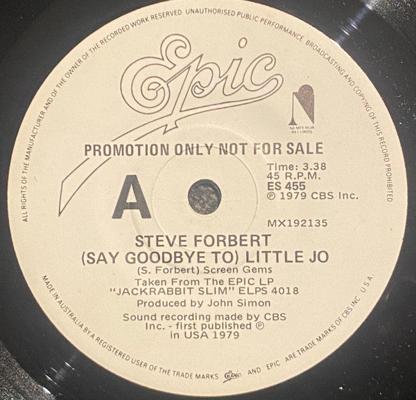 Steve Forbert : (Say Goodbye To) Little Jo (7", Single, Promo)