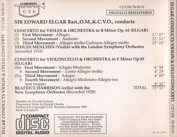 Yehudi Menuhin, Sir Edward Elgar, Beatrice Harrison : Elgar Conducts Violin & Cello Concerti (CD, Comp, Mono, RM)