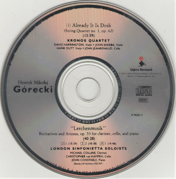 Henryk Mikołaj Górecki* - Kronos Quartet / London Sinfonietta Soloists* : Already It Is Dusk / Lerchenmusik (CD, Album)
