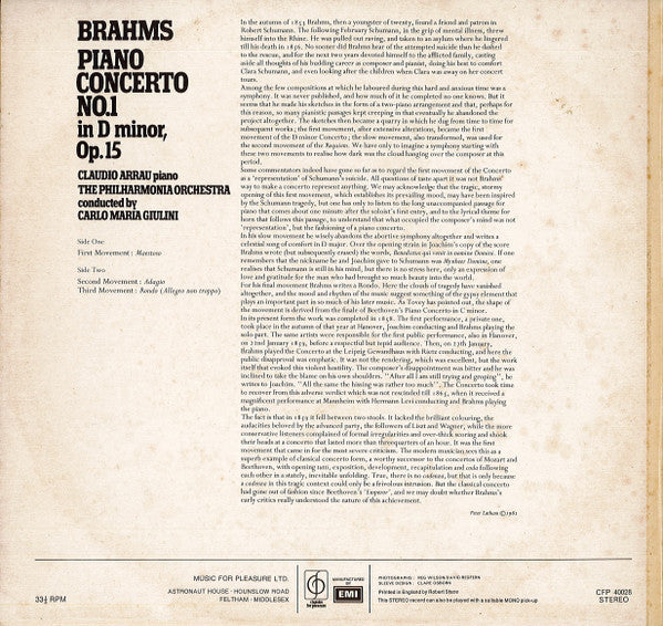 Johannes Brahms, Claudio Arrau, Philharmonia Orchestra, Carlo Maria Giulini : Piano Concerto No1 (LP, Album, RE)