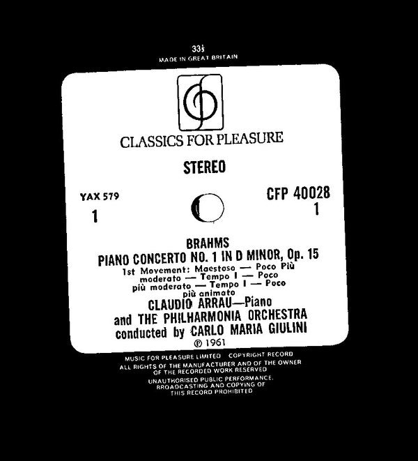 Johannes Brahms, Claudio Arrau, Philharmonia Orchestra, Carlo Maria Giulini : Piano Concerto No1 (LP, Album, RE)