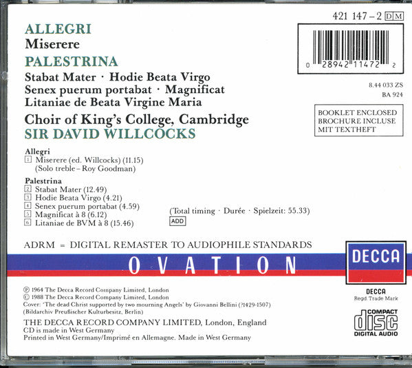 Gregorio Allegri / Giovanni Pierluigi da Palestrina - The King's College Choir Of Cambridge, David Willcocks : Miserere / Stabat Mater (CD, Album, RM)