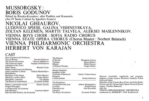 Mussorgsky* - Rimsky-Korsakov* – Ghiaurov* - Vienna Philharmonic* - Karajan* – Vishnevskaya* · Spiess* · Maslennikov* · Talvela* : Boris Godunov (4xLP, Nar + Box)