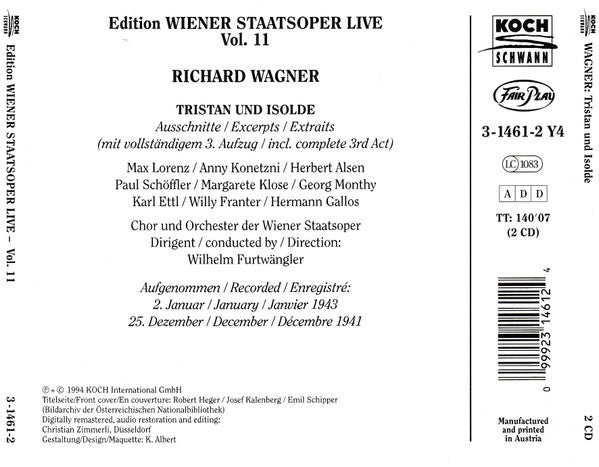 Richard Wagner, Anny Konetzni  ,  Max Lorenz (2), Margarete Klose, Paul Schöffler, Herbert Alsen, Georg Monthy ,  Willy Franter, Hermann Gallos, Karl Ettl, Wilhelm Furtwängler : Tristan Und Isolde, Auszüge/Highlights (1941/1943) - Edition Wiener Staatsoper Live Vol. 11 (2xCD, Comp, Mono, RM)