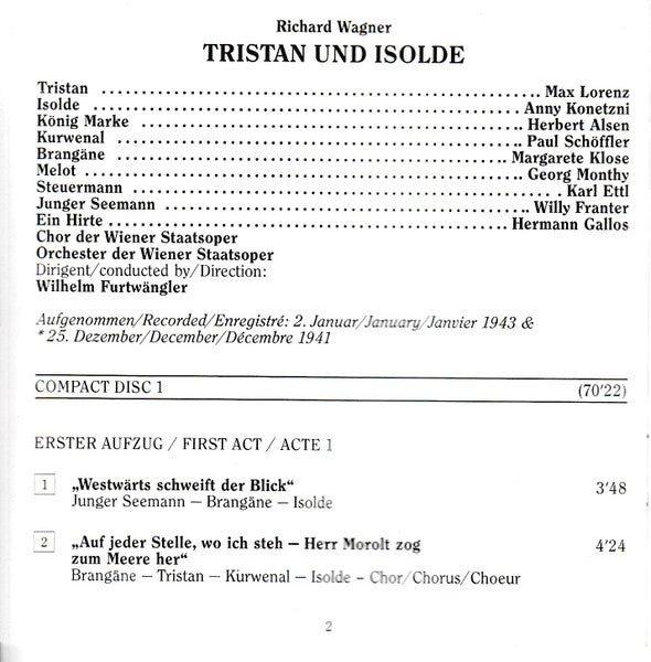 Richard Wagner, Anny Konetzni  ,  Max Lorenz (2), Margarete Klose, Paul Schöffler, Herbert Alsen, Georg Monthy ,  Willy Franter, Hermann Gallos, Karl Ettl, Wilhelm Furtwängler : Tristan Und Isolde, Auszüge/Highlights (1941/1943) - Edition Wiener Staatsoper Live Vol. 11 (2xCD, Comp, Mono, RM)