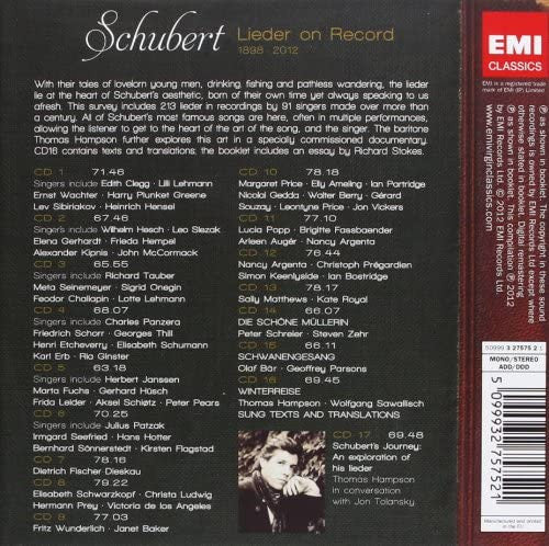 Franz Schubert, Lilli Lehmann, Elena Gerhardt, Frieda Hempel, Richard Tauber : Schubert - Lieder On Record 1898-2012 (17xCD, Comp + Box)