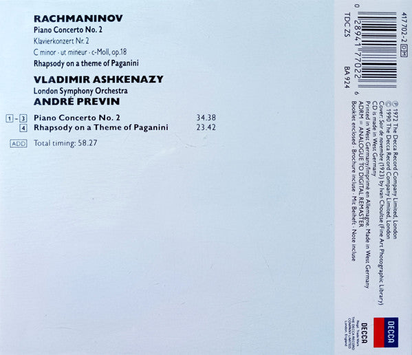 Rachmaninov* – Vladimir Ashkenazy, London Symphony Orchestra, André Previn  - Piano Concerto No. 2 • Rhapsody On A Theme Of Paganini (CD, RE, RM) (Very  ...