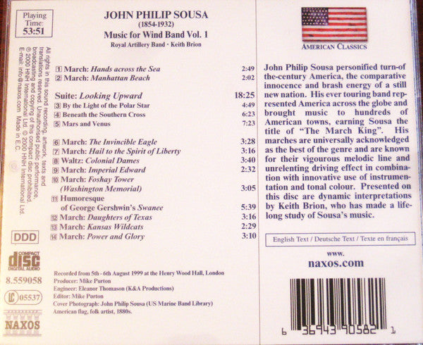 John Philip Sousa, Royal Artillery Band*, Keith Brion : Music For Wind Band, Volume 1 (CD, Album)