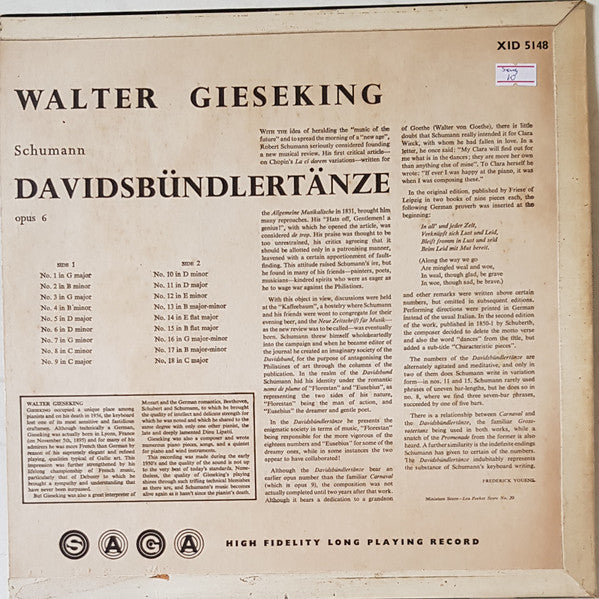 Schumann* / Walter Gieseking : Davidsbündlertänze, Opus 6 (LP, Album, Mono)