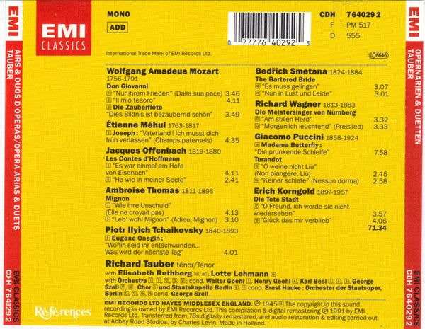 Richard Tauber : Airs & Duos D'Operas / Opera Arias & Duets / Opernarien & Duetten (CD, Comp, Mono)