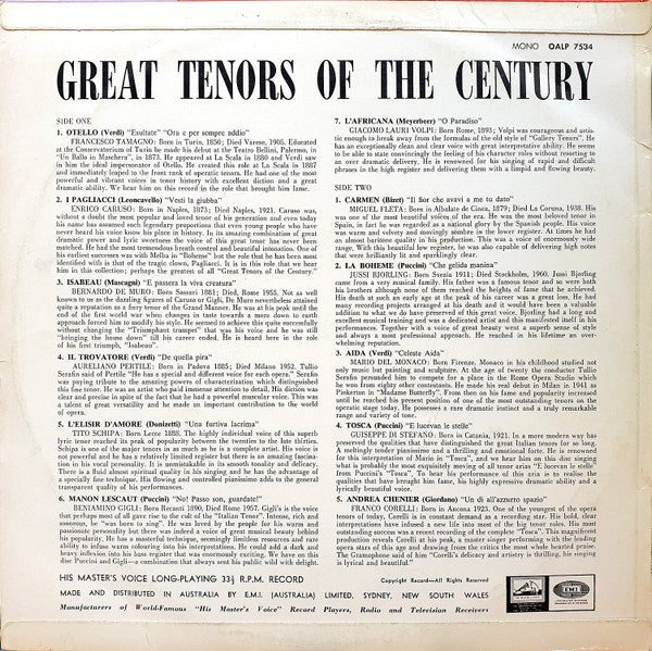 Various : Great Tenors Of The Century (LP, Comp, Mono)