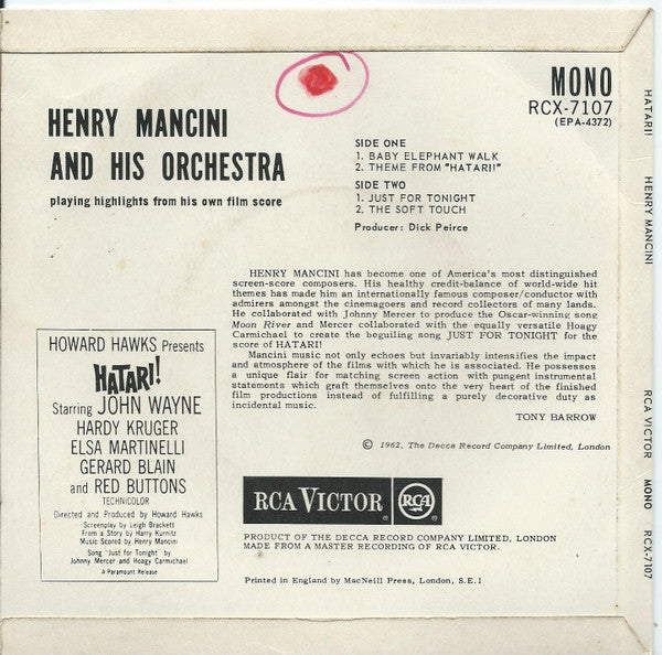 Henry Mancini : Howard Hawk's Hatari! - Music From The Paramount Motion Picture Score (7", EP)