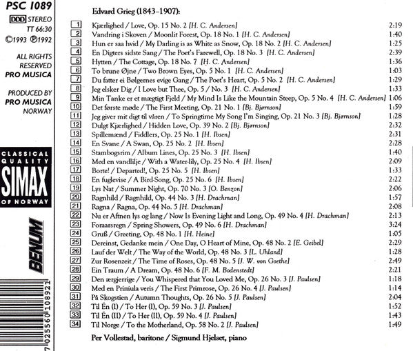 Edvard Grieg, Per Vollestad, Sigmund Hjelset : Edvard Grieg: Songs (CD)