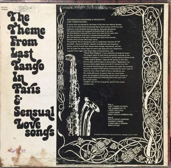Riccardo, His Saxophone & Orchestra : Theme From Last Tango In Paris & Sensual Love Songs (LP, Album)
