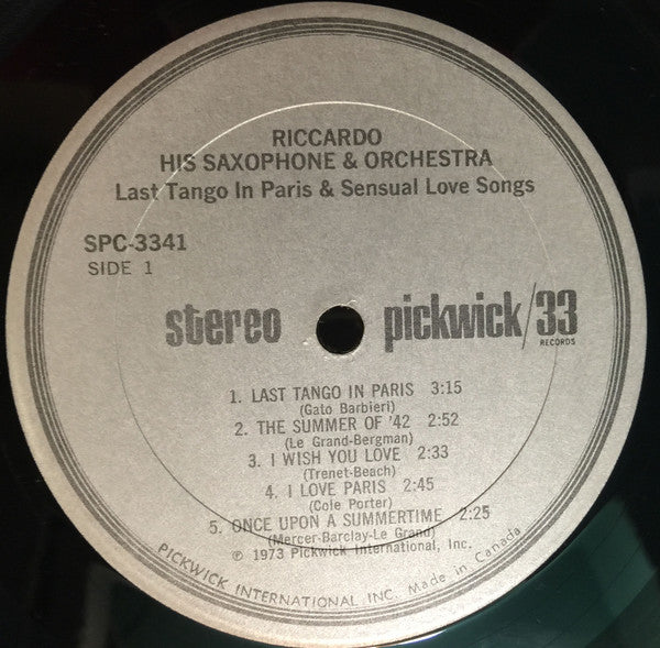 Riccardo, His Saxophone & Orchestra : Theme From Last Tango In Paris & Sensual Love Songs (LP, Album)