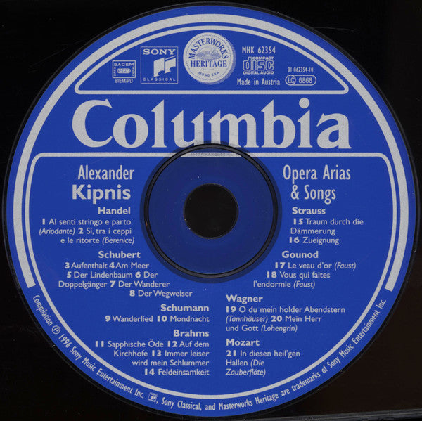 Alexander Kipnis – Georg Friedrich Händel • Franz Schubert • Robert Schumann • Johannes Brahms • Richard Strauss • Charles Gounod • Richard Wagner • Wolfgang Amadeus Mozart : Opera Arias & Songs  (CD, Comp, Mono, RM, SBM)