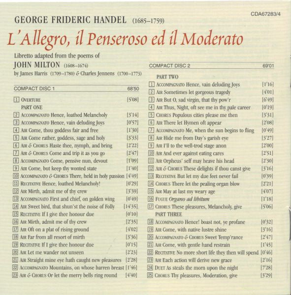 Georg Friedrich Händel - Susan Gritton · Claron McFadden · Lorna Anderson · Paul Agnew (2) · Neal Davies, The King's Consort, Robert King (9) : L'Allegro, Il Penseroso Ed Il Moderato (2xCD)